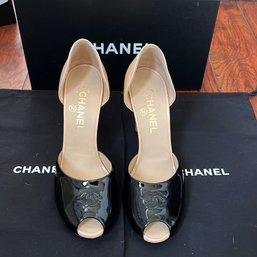 Chanel Black/Beige Peep Toe Pumps